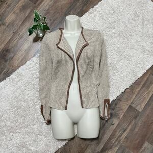 Lucky Brand Beige Brown Faux Leather Trim Zip Cuff Open Front Cardigan Sweater
